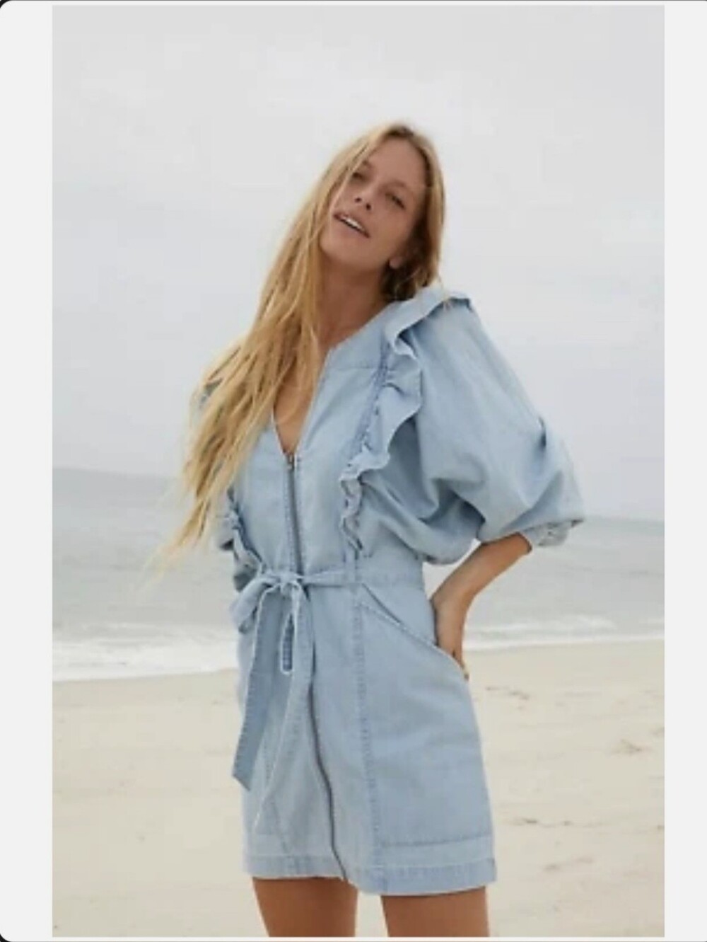 Light Wash Denim Ruffle Tie-Waist Jacket